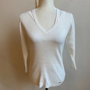 𝅺t Tahari BNWOT White Ribbed Split Vneck Sweater Pullover Large
